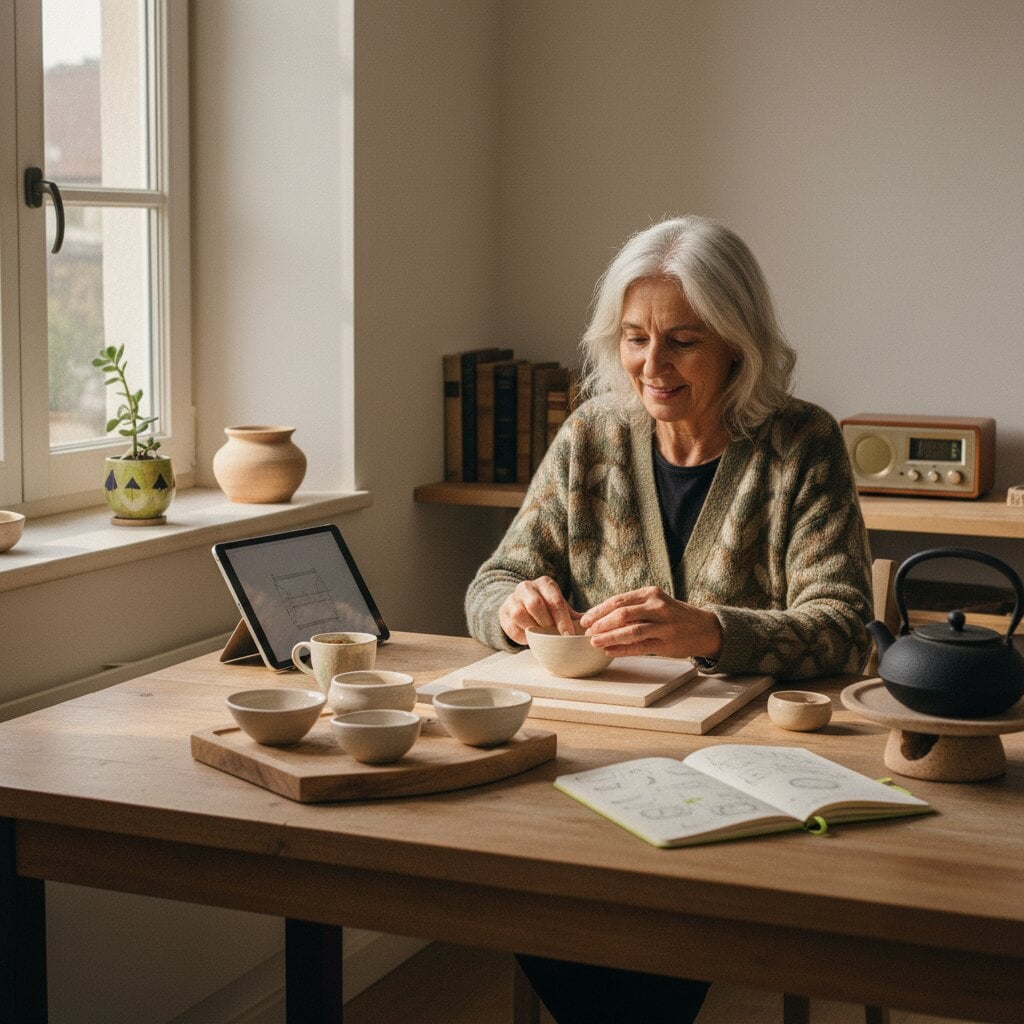 Portrait environnemental d’Élise à sa table près d’une fenêtre