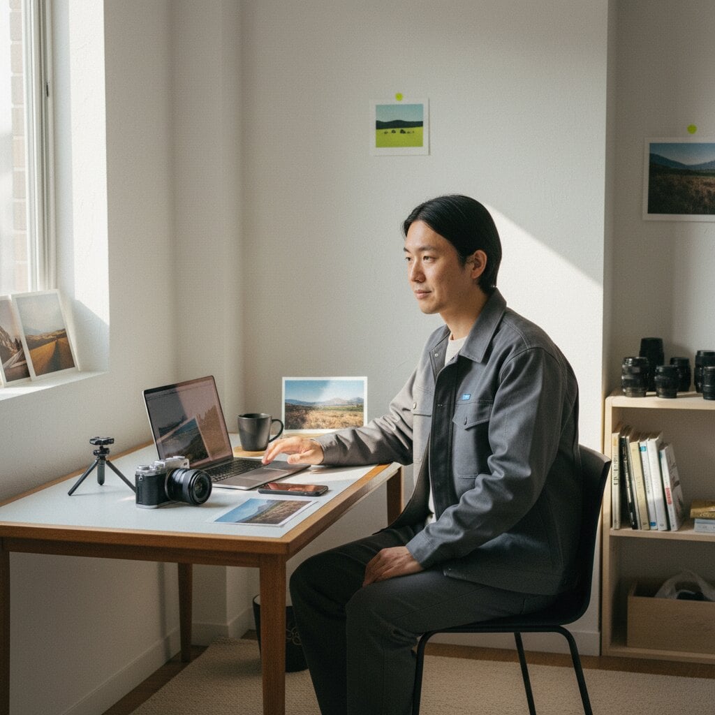 Portrait environnemental de Kenji à son bureau
