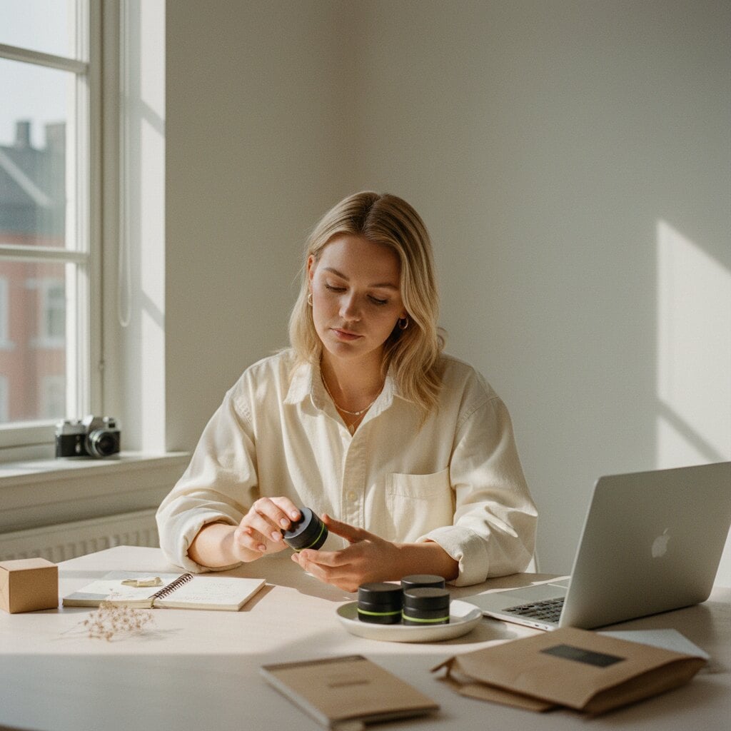 Sofia commence avec un premier échantillon sur sa table d’atelier-chambre